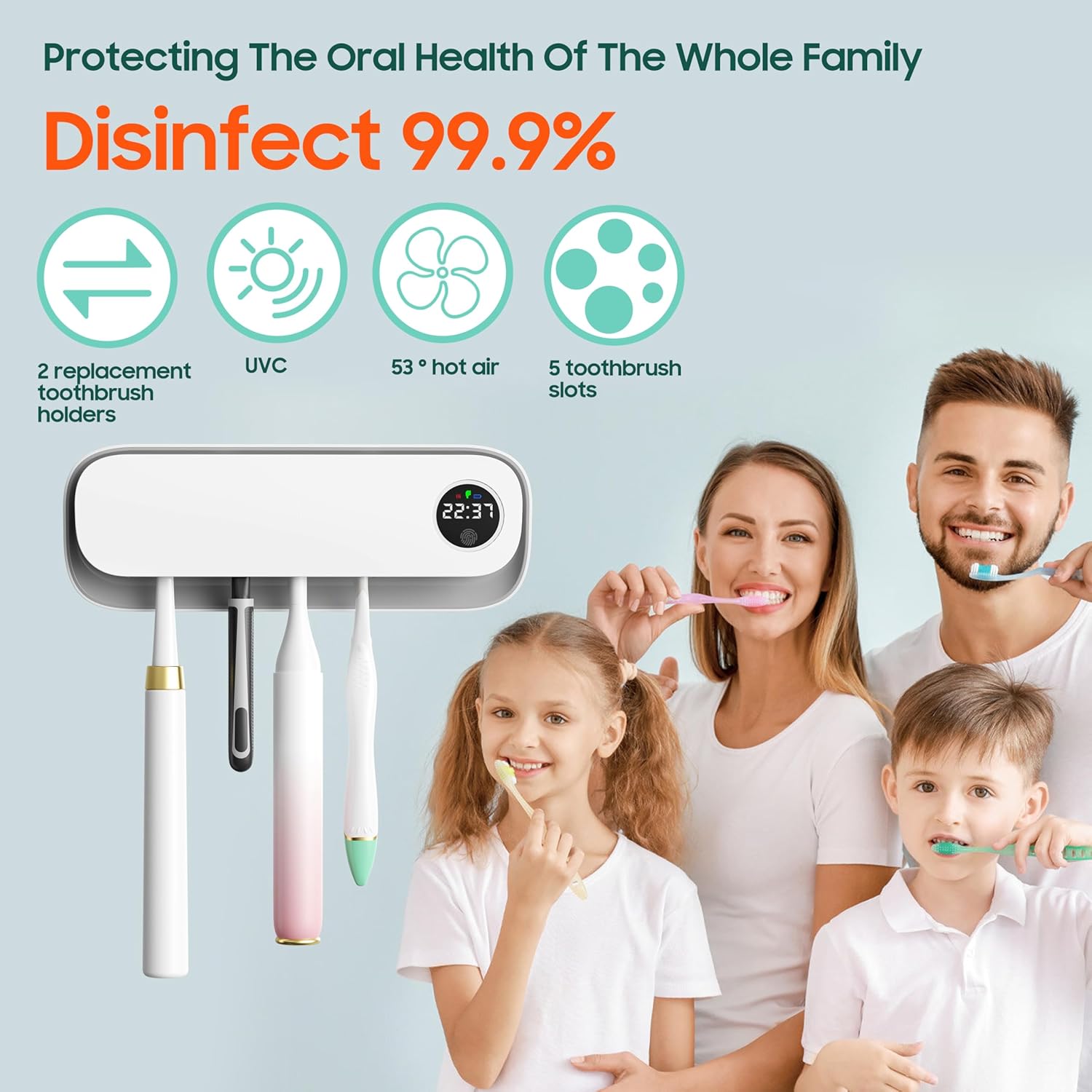 BlueBark UV Toothbrush Holders for Bathrooms, Air DryingHolder Smart Home Bathroom Accessories, Timer Function & 5 Toothbrush Slots, Toothbrush Holder Wall Mounted with Replaceable Slot