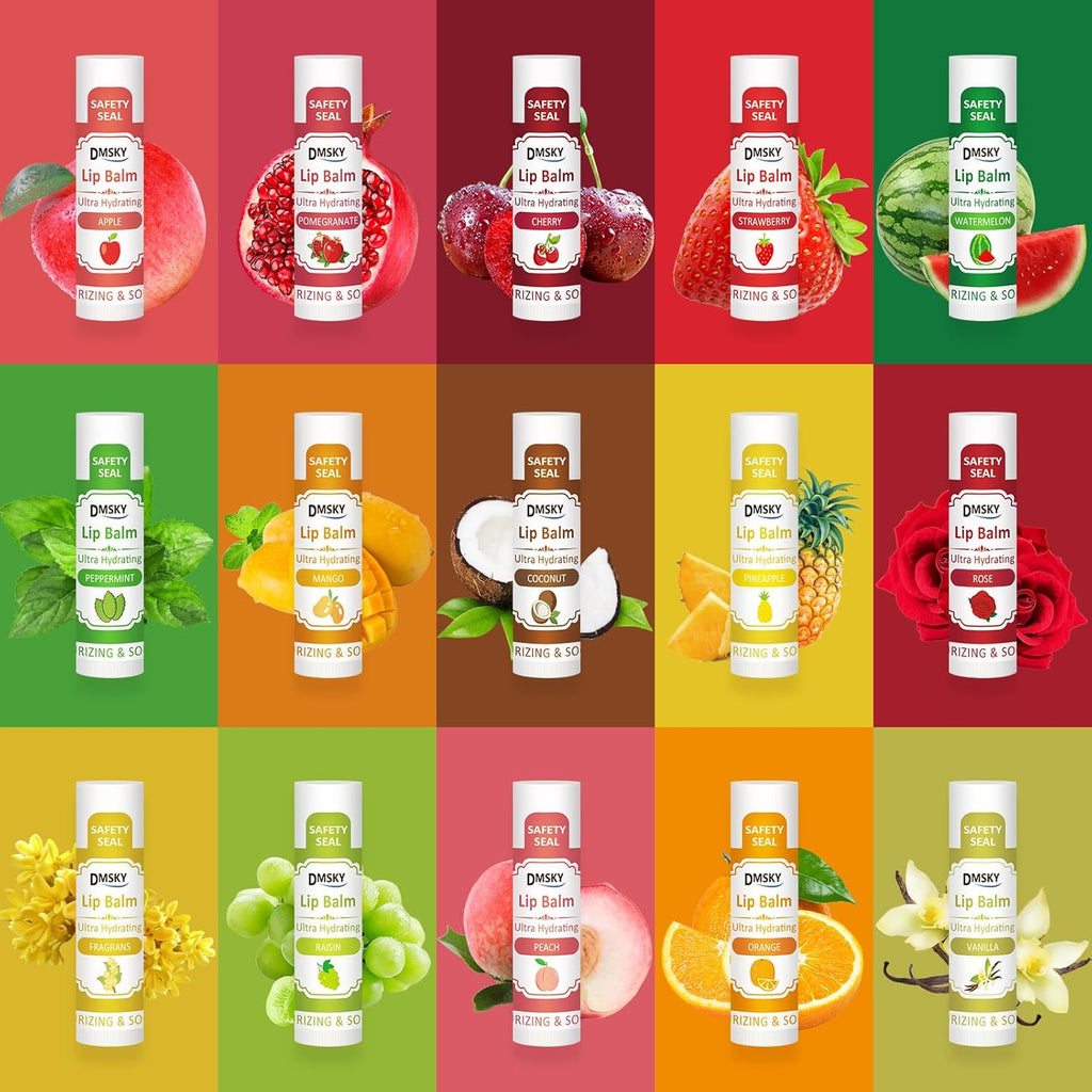 DMSKY 30 Pack Lip Balm, Natural Lip Balm Bulk with Vitamin E and Coconut Oil, Moisturizing Soothing Chapped Lips-15 Flavors