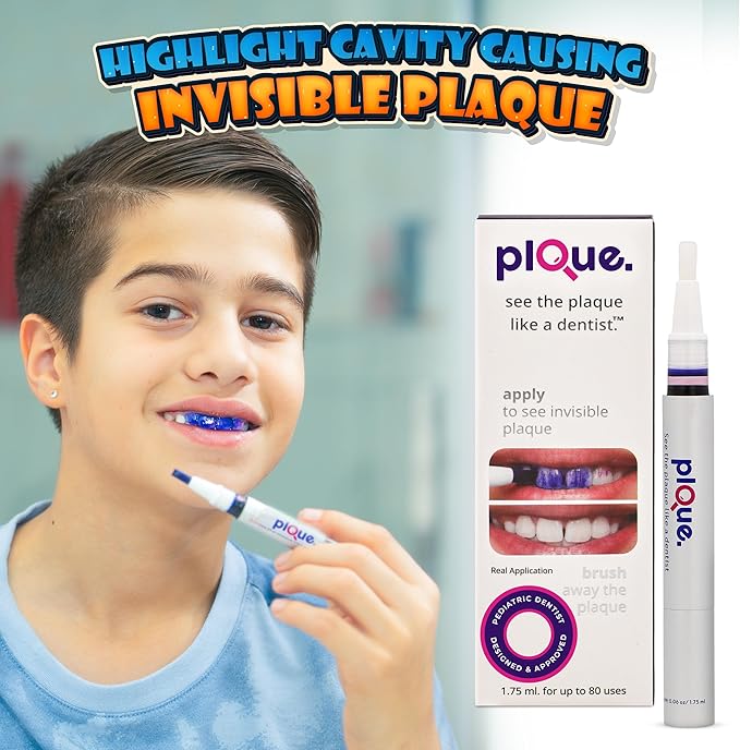 PLQUE Disclosing Gel Pen (90 Uses) - Tooth Plaque Detector for Better Brushing, Purple Stain Formula Reveals Invisible Cavity Causing Plaque, Kids and Adults Oral Care Tool, Pediatric Dentist Design