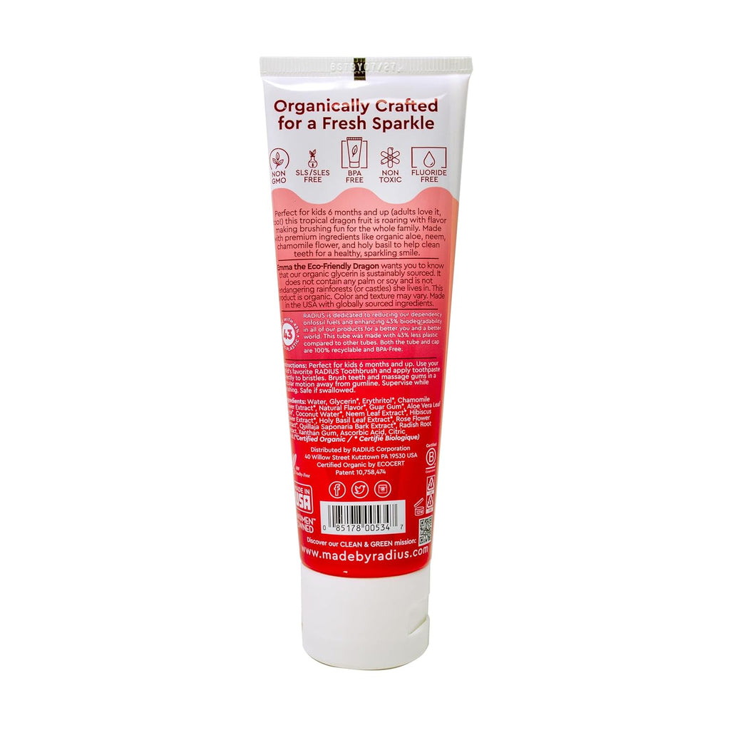 RADIUS USDA Organic Kids Toothpaste 3oz Non Toxic Chemical-Free Gluten-Free Designed to Improve Gum Health for Children's 6 Months and Up - Dragon Fruit - Pack of 6