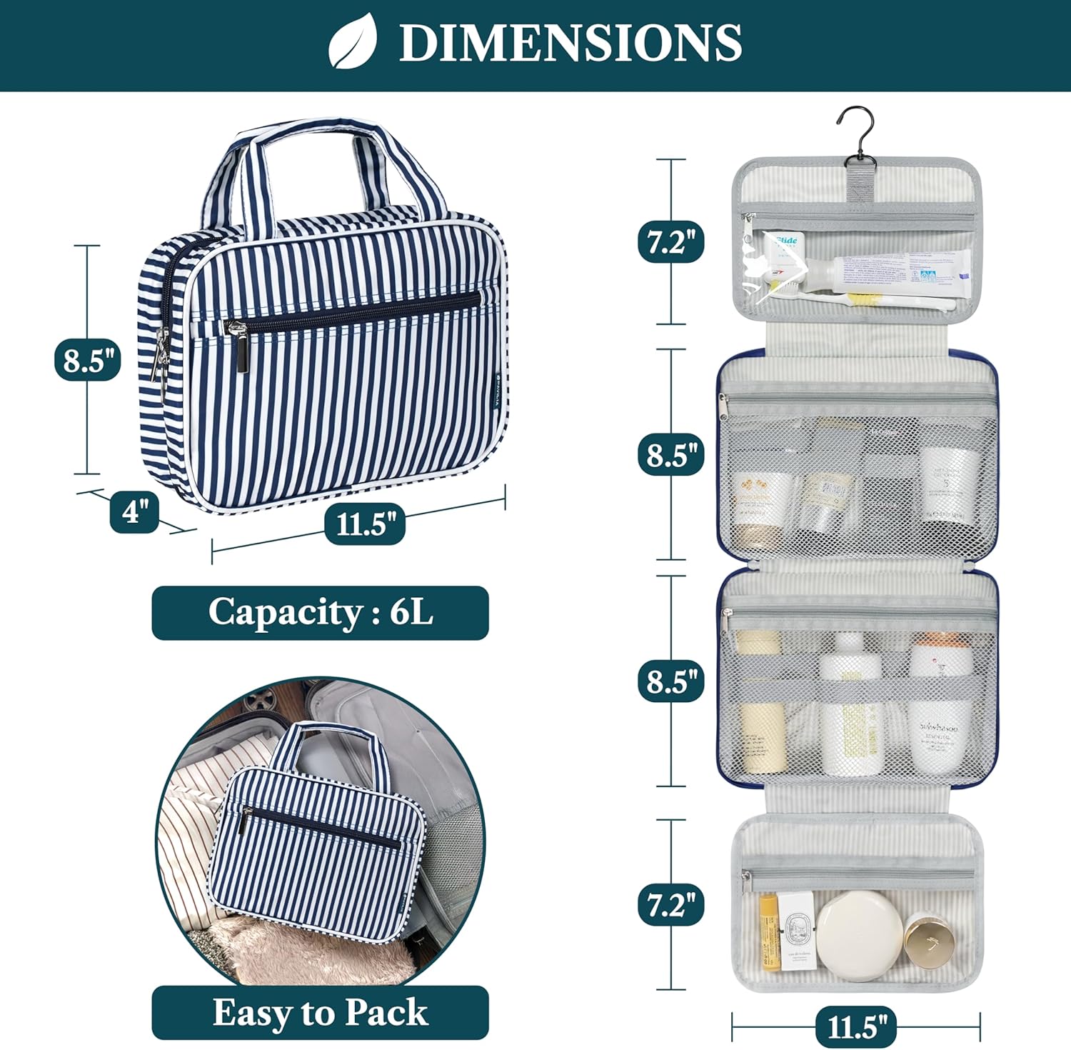 PAVILIA Hanging Toiletry Bag Travel Bag Women Men, Foldable Cosmetic Organizer, Roll up Makeup Bag, Water Resistant Accessories Toiletries, Large Travel Essentials Kit (Navy Stripe)