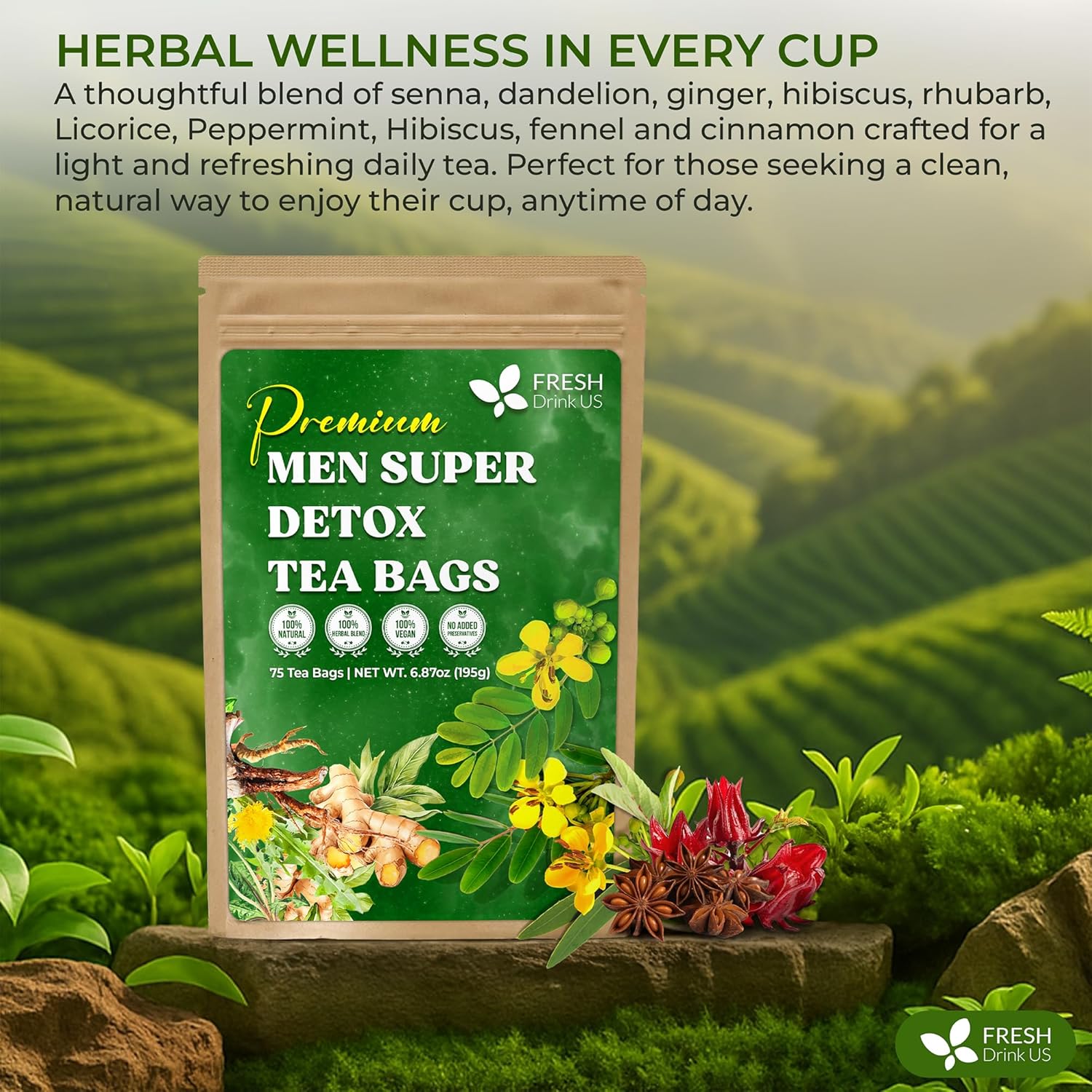 FreshDrinkUS, Premium 135 Tea Bags Men Super Detox Tea – Herbal Blend with Senna, Dandelion Root, Ginger, Peppermint & More – 100% Natural, Sugar-Free. Caffeine-Free. Gluten-Free. Vegan