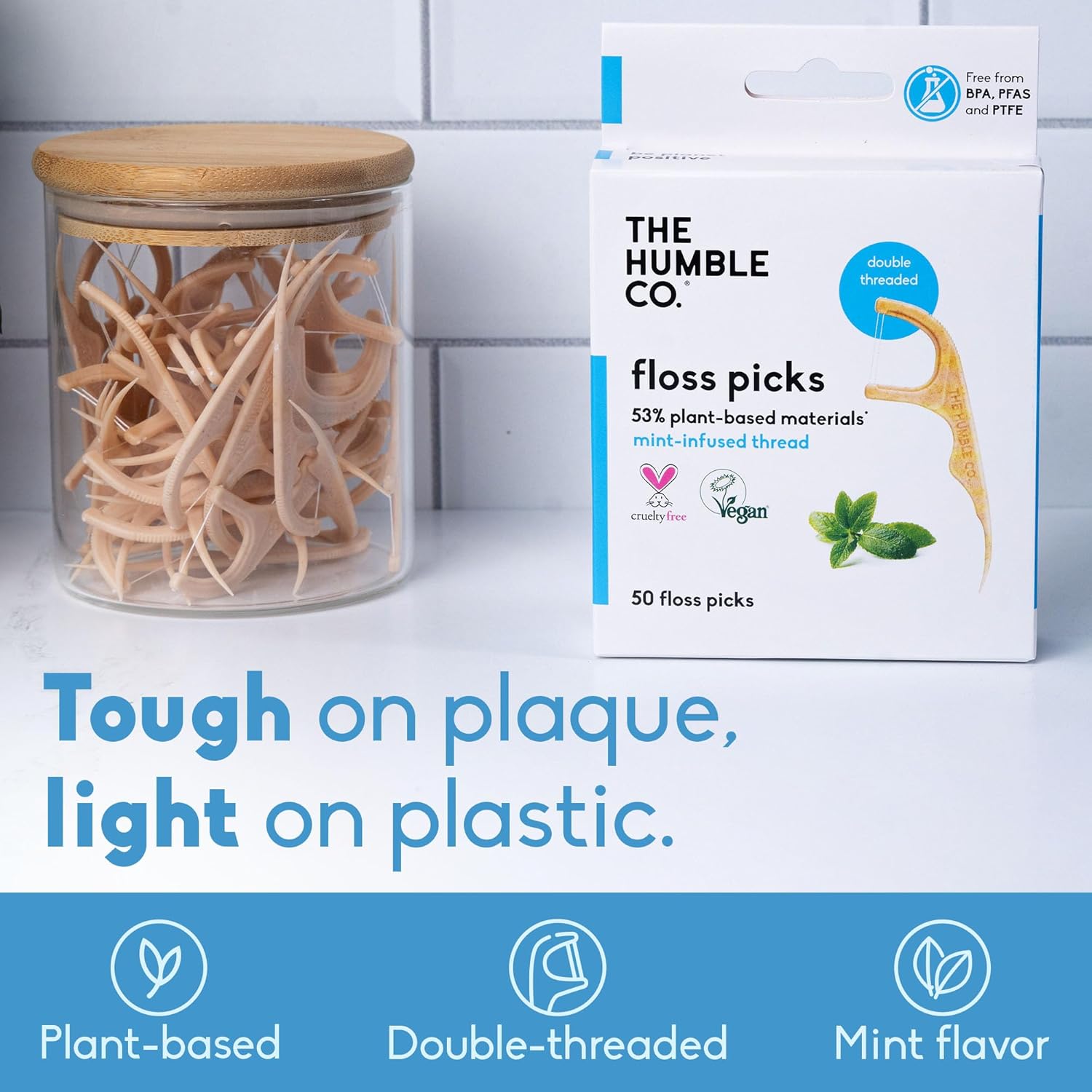 The Humble Co Dental Floss Picks for Teeth, 200 Count (Mint) - Double Thread Tooth Picks Flossers for Adults Gum Health - Toothpick Floss for Interdental Oral Care & Hygiene