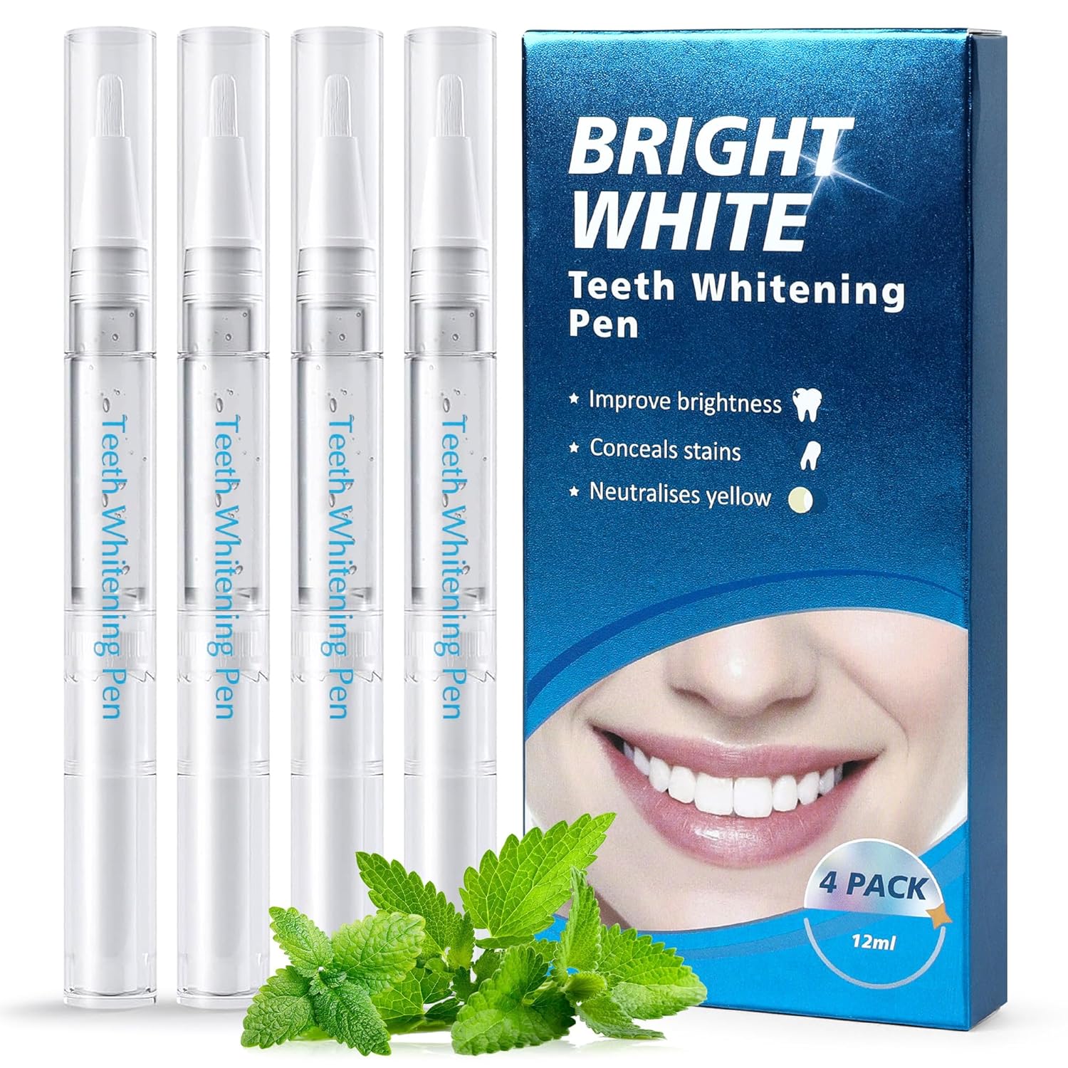 Teeth Whitening Pen, 4 Pack Tooth Whitening Gel Formula for Instant Stain Removal, Brightens Smile & Neutralizes Yellow Tones, Safe for Sensitive Teeth, Mint Flavor