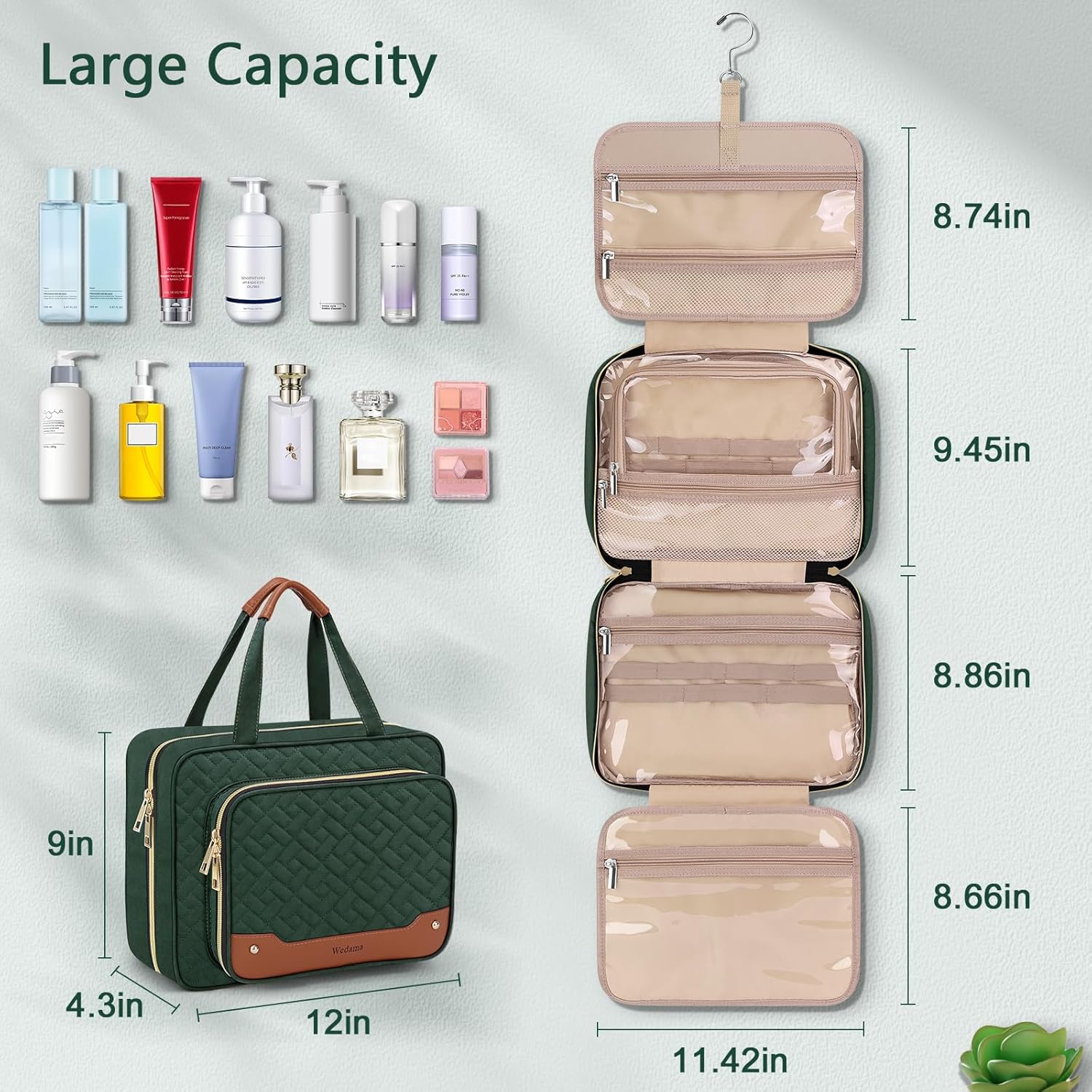 Wedama Toiletry Bag for Women, Hanging Travel Toiletry Bag with Jewelry Organizer Compartment Large Makeup Bag, PVC Waterproof Cosmetic Travel Bag Trips Camping Bathroom, Dark Green