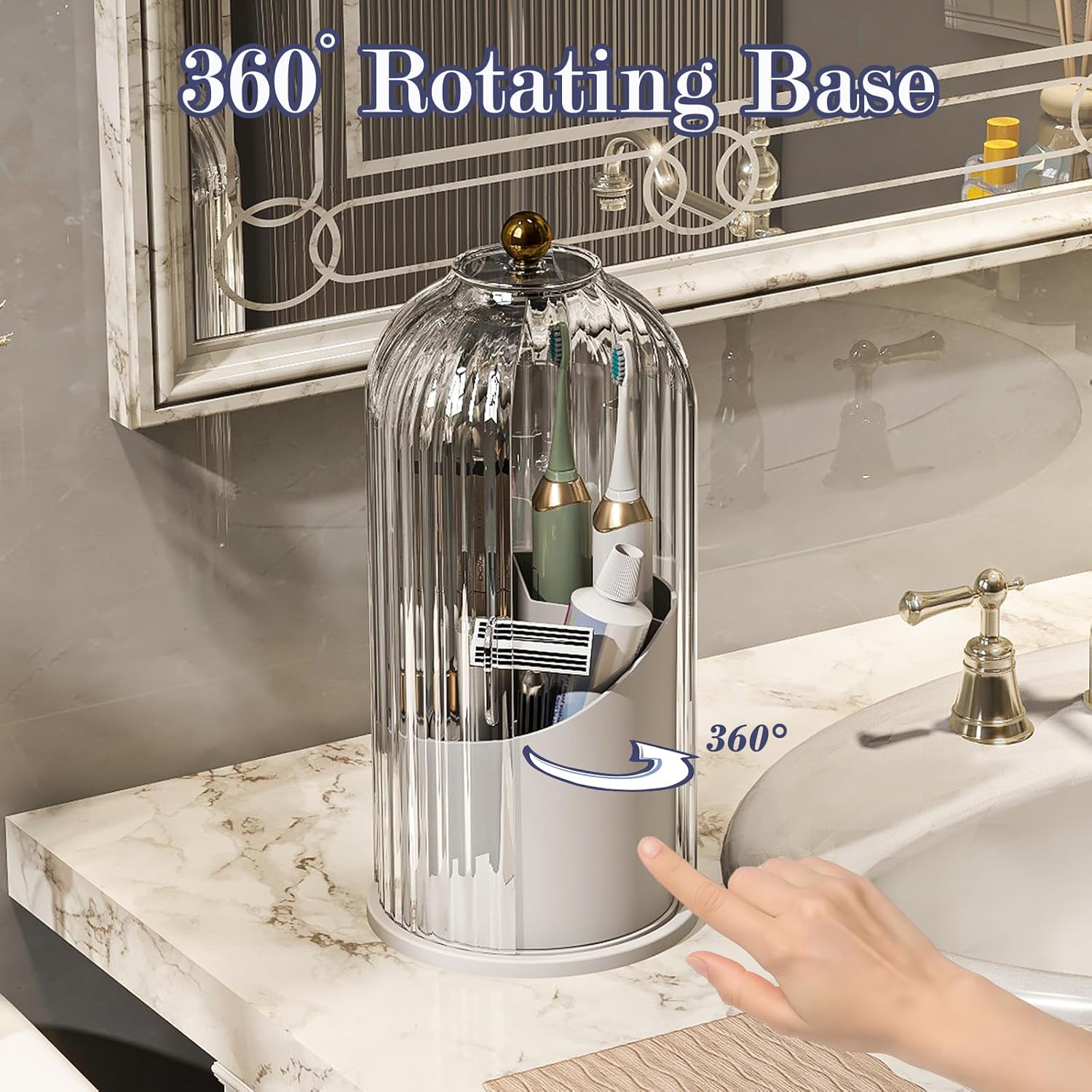 Dustproof Toothbrush Holders with Cover, Rotating Electric Toothbrush and Toothpaste Holder for Bathroom Countertop, 3 Slots Makeup Brushes Organizer, Transparent