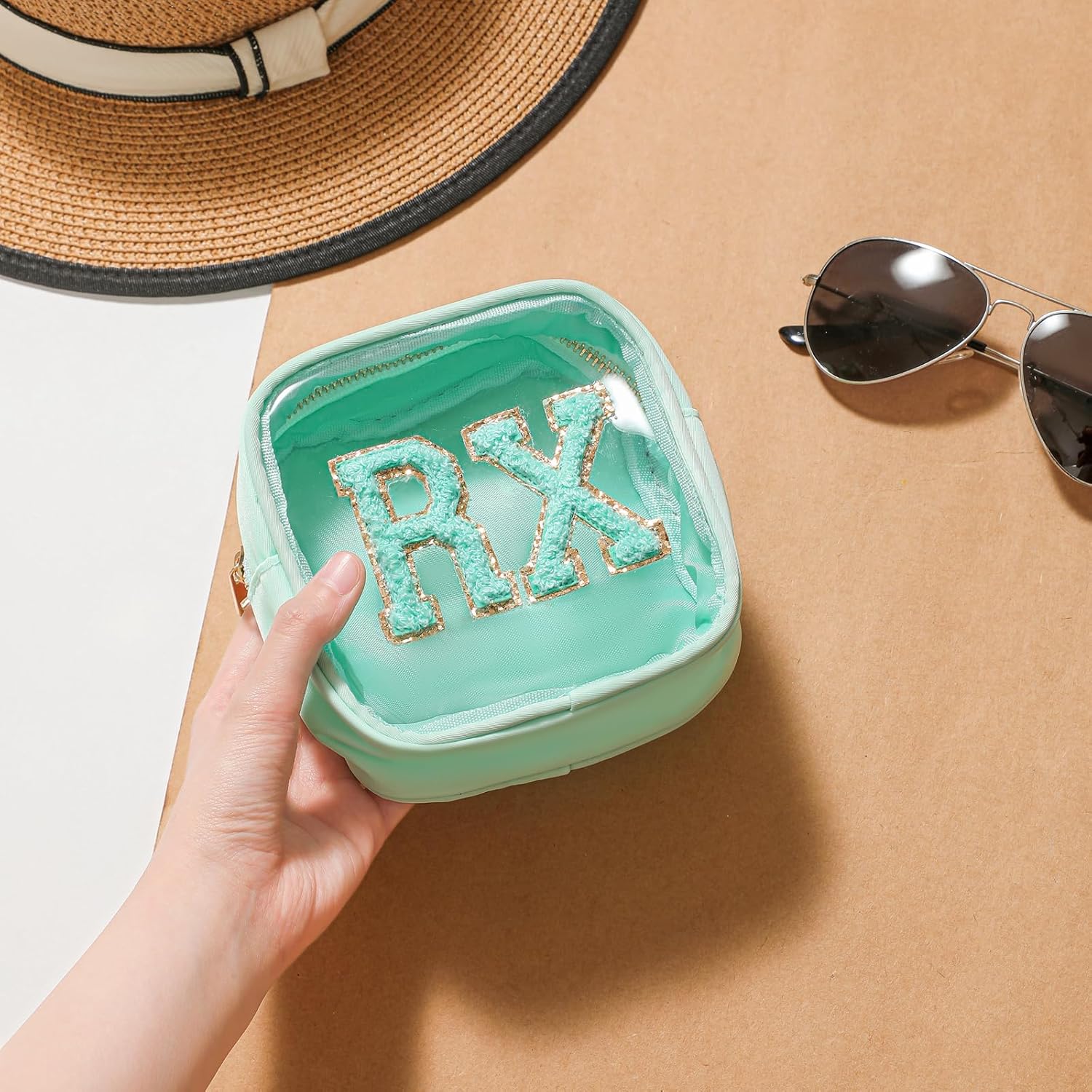 2Pcs Large Chenille Letter Clear Medicine Makeup Bag Set,Nylon PVC Waterproof Rx Meds Pouch with Metal Zipper, Cute Drug First Aid Travel Organizer for Women Girls(2pcs Mint)