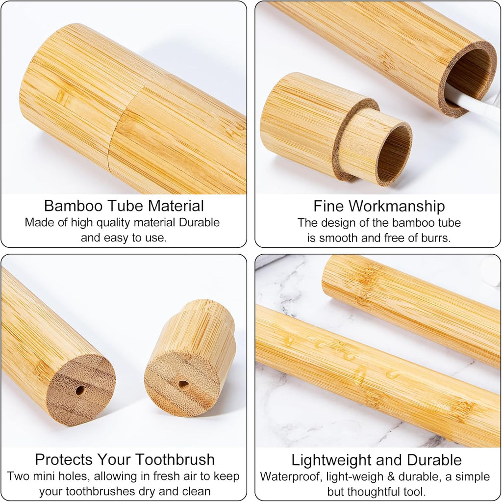 Yeeco 2 Pcs Portable Bamboo Toothbrush Case, Wooden Toothbrush Covers Storage Container Reusable Toothbrush Travel Holder Sustainable for Trip Camping Home Travelling Attach 4 Pcs Sticky Label