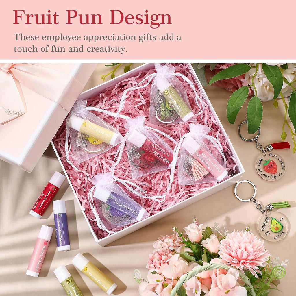 30 Sets Moisturizing Lip Balms Bulk Employee Appreciation Gifts with Fruit Pun Keychains and Organza Bags for Coworker Teacher Appreciation Thank You Gifts
