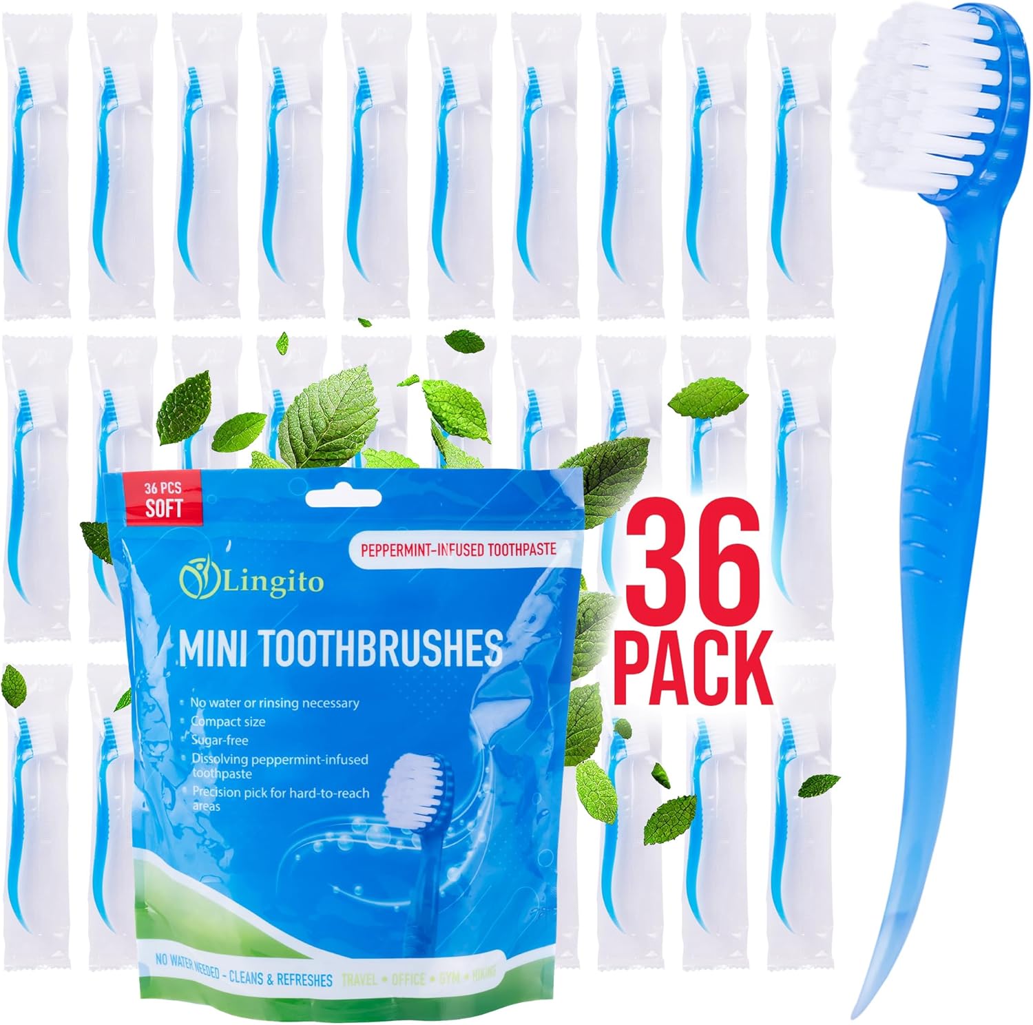 Soft Bristle Mini Individually Wrapped Disposable Toothbrush, Travel Set (36 Pack)