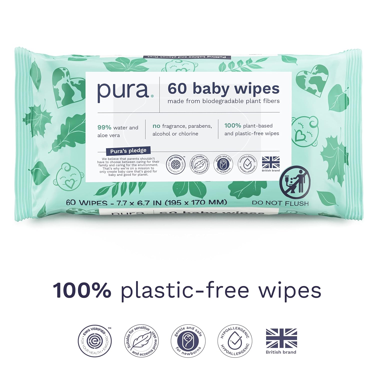 Pura Natural Sensitive Baby Wipes, 99% Water, Unscented & Hypoallergenic, Suitable for Sensitive & Eczema-prone Skin, Fragrance Free & Hypoallergenic, EWG Verified, 3 x 60 per pack (180 Wipes)
