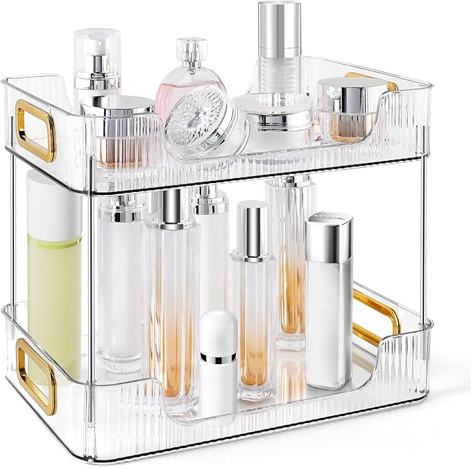 2-Tier Bathroom Counter Organizer Countertop Storage, Dresser Organizer Vanity Tray for Makeup, Perfume Organizer Cosmetics Skincare Shelf - Clear