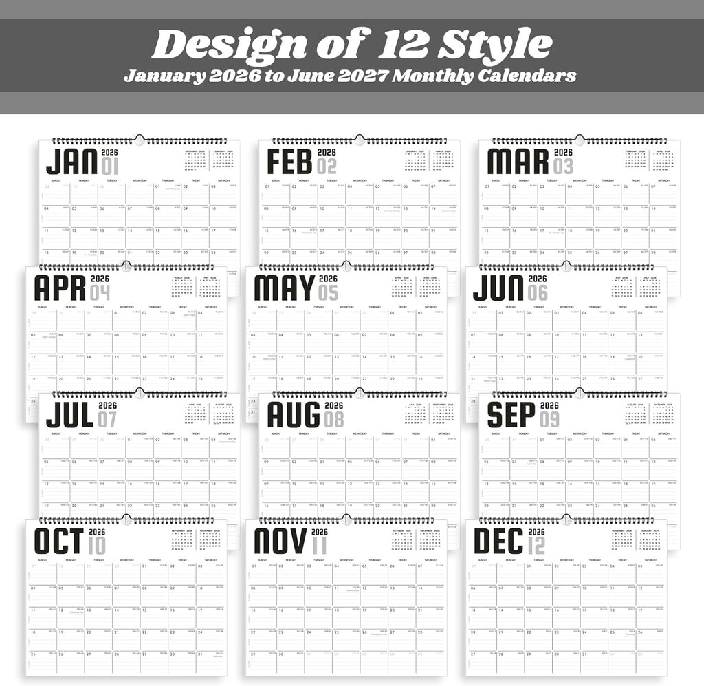 2026 Calendar, Wall Calendar 2026-2027, 18 Month Calendar January 2026 - June 2027, 14.8" X 11.5", Calendar with Twin-Wire Binding, Hanging Hook and Julian Dates (White Style)