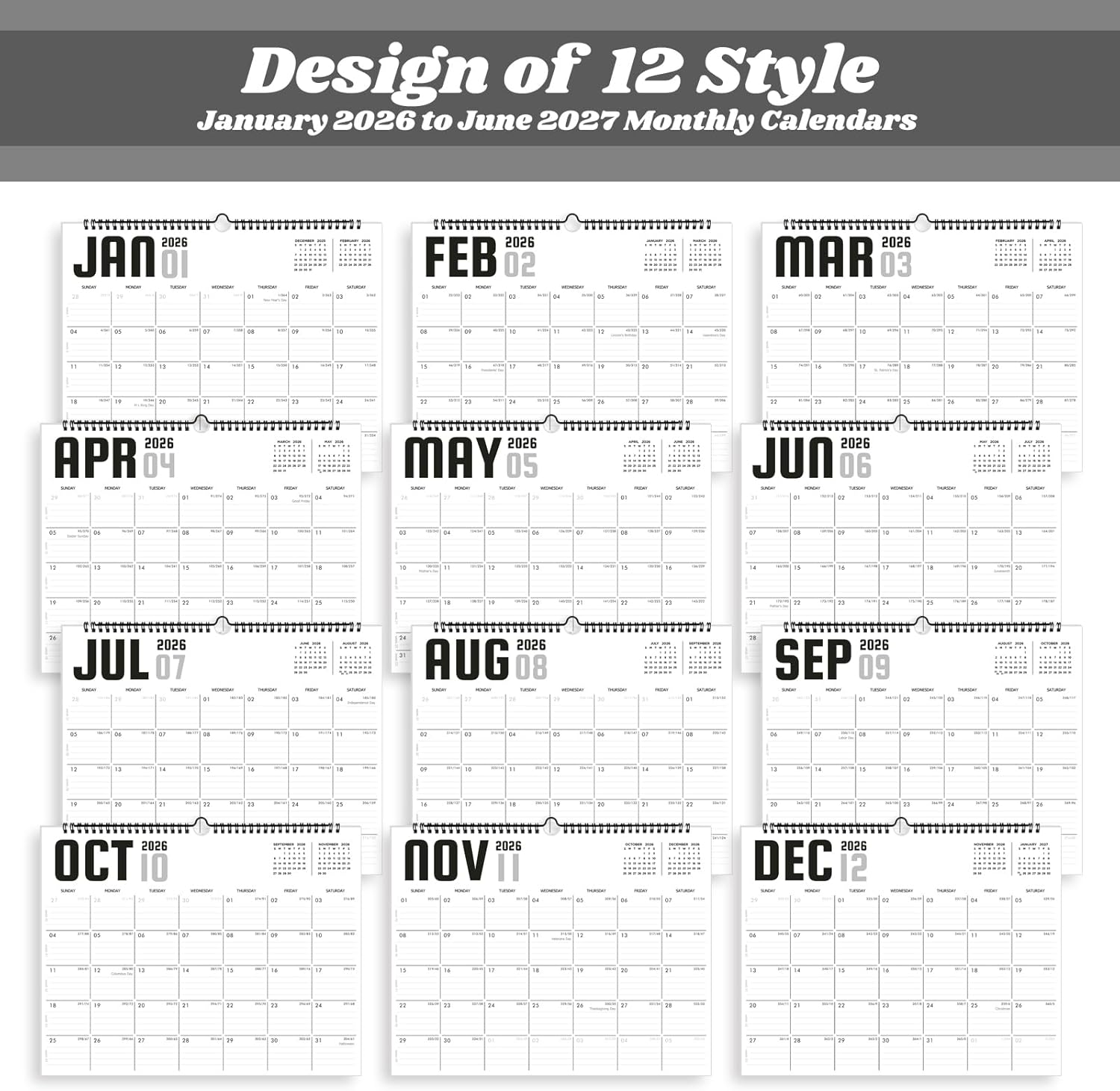 2026 Calendar, Wall Calendar 2026-2027, 18 Month Calendar January 2026 - June 2027, 14.8" X 11.5", Calendar with Twin-Wire Binding, Hanging Hook and Julian Dates (White Style)