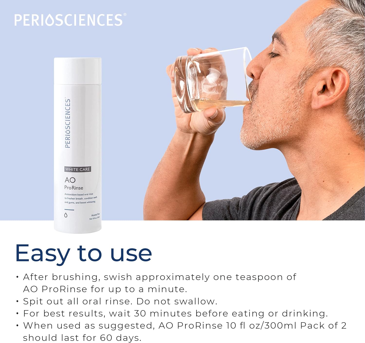 PerioSciences AO ProRinse White Care Whitening Mouthwash with Essential Oils and Antioxidants - Alcohol Free Mouthwash for Post-Whitening Enamel Protection, 10 fl oz/300ml Pack of 2