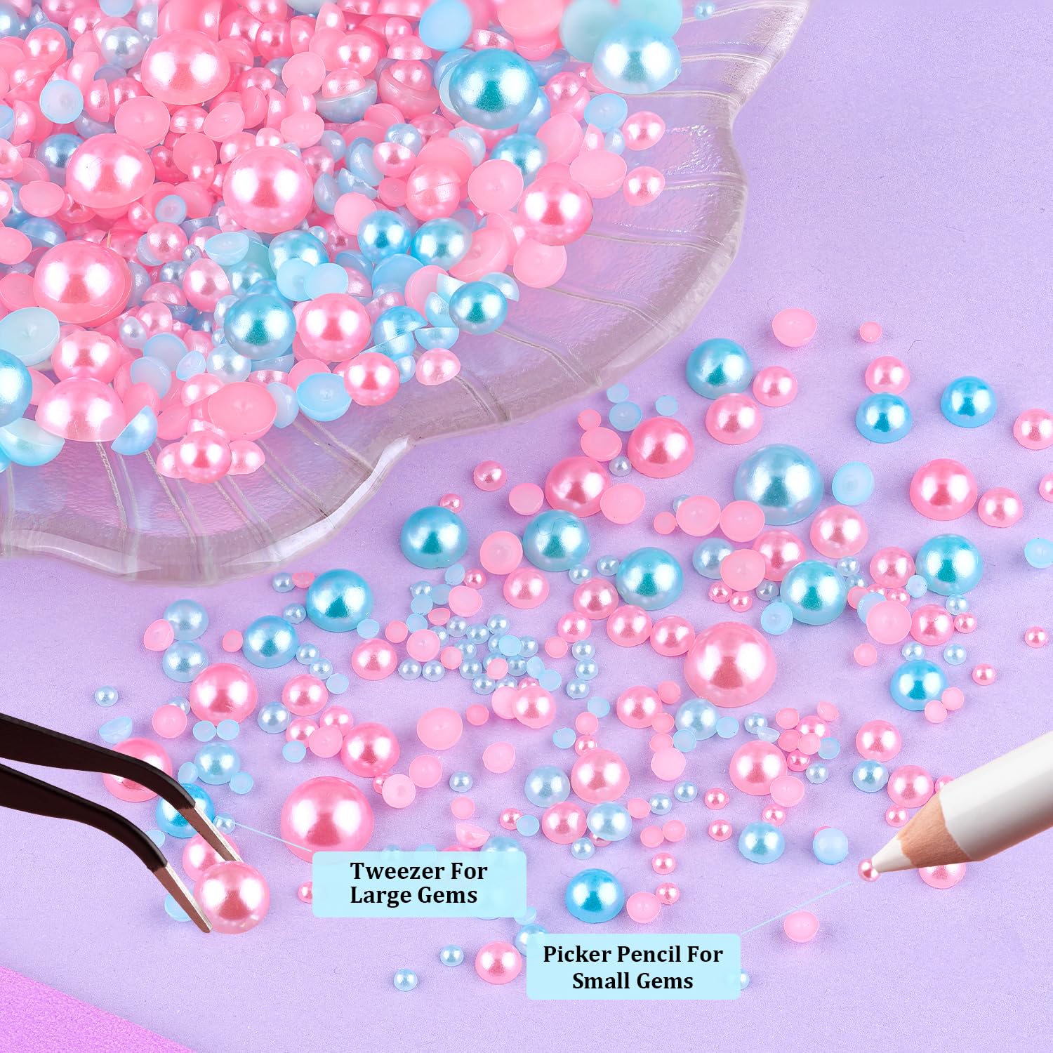 2 Boxes Flat Back Pearls Kit 18 Flatback Pink&Light Blue Half Round Pearls 2-8mm with Pickup Pencil and Tweezer for Home DIY and Professional Nail Art, Face Makeup and Craft