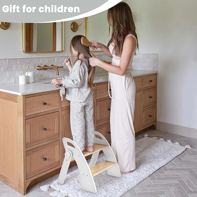 Wooden Step Stool, 300 lb. Load Capacity, with Safety Non-Slip Pads and Handles, Bamboo Step Stool for Bathroom and Kitchen, Gift for Christmas (White)