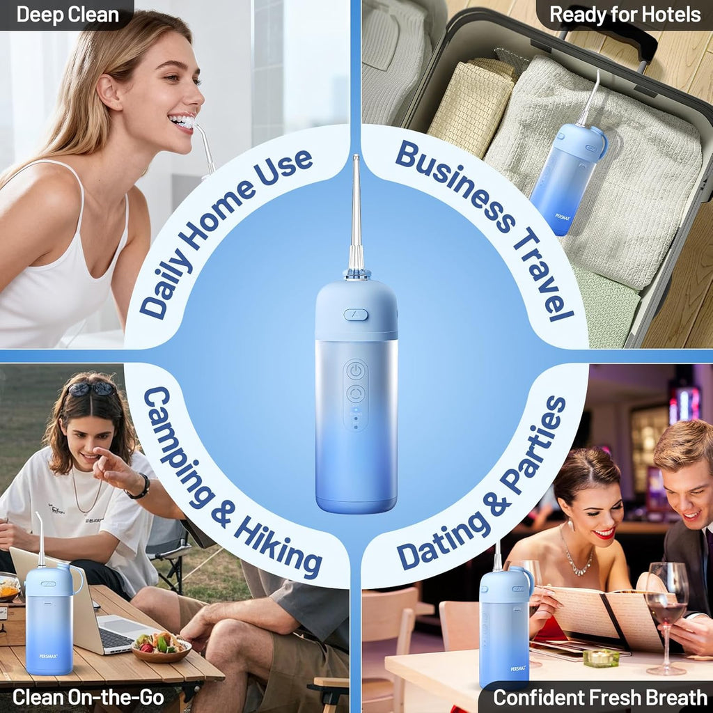 Portable Water Flosser for Teeth Cleaning - Cordless Dental Pick Electric Oral Irrigator for Travel, Kids, with 3 Modes 8 Pressure Settings, 2 Tips, 150ML, Mini Size, IPX7, Gradient Blue