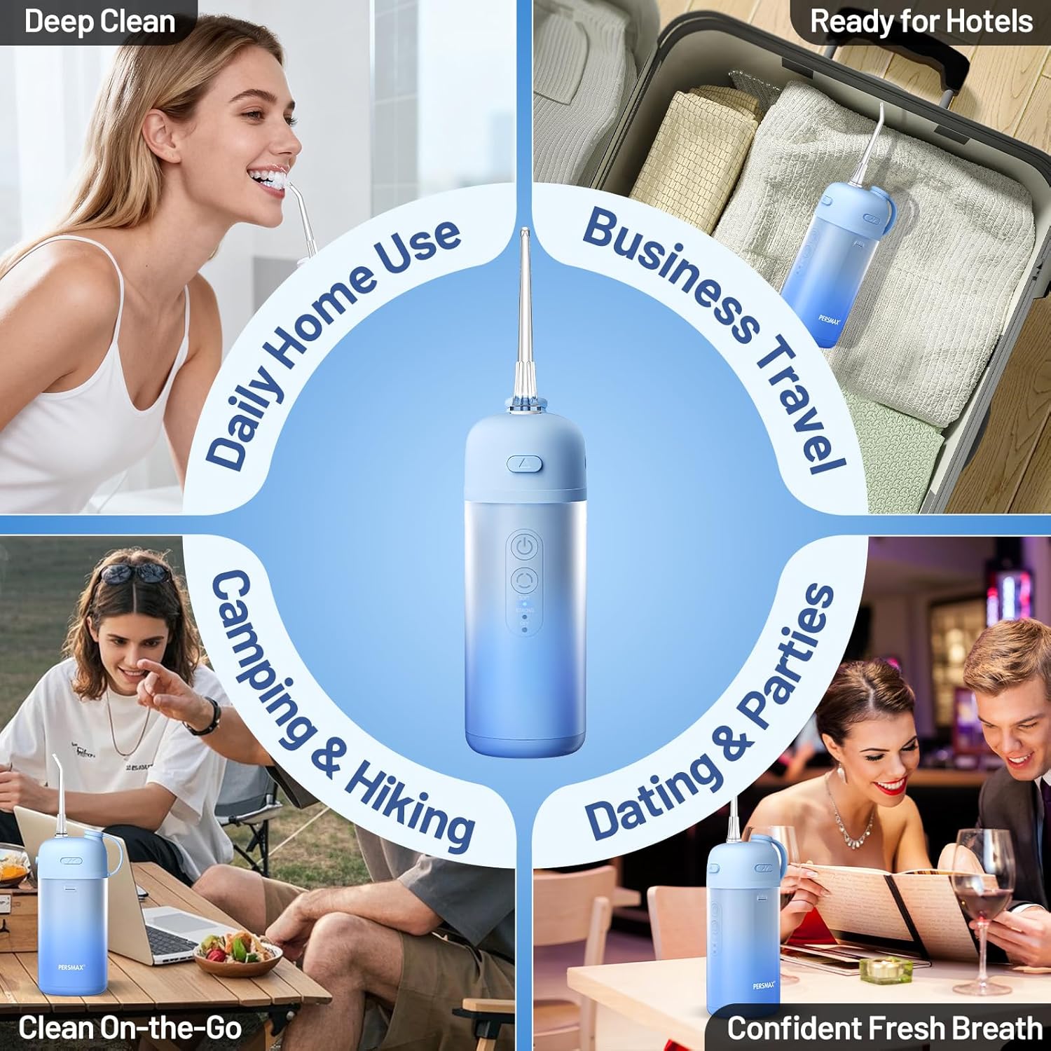 Portable Water Flosser for Teeth Cleaning - Cordless Dental Pick Electric Oral Irrigator for Travel, Kids, with 3 Modes 8 Pressure Settings, 2 Tips, 150ML, Mini Size, IPX7, Gradient Blue