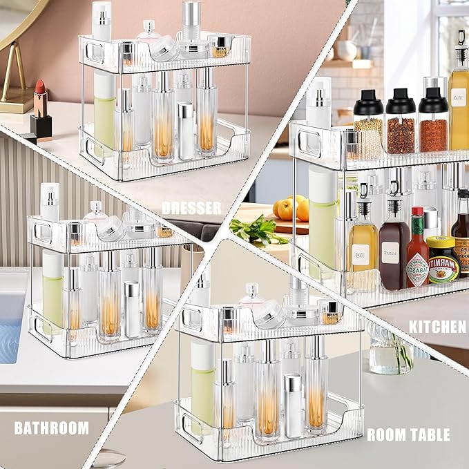 2-Tier Bathroom Counter Organizer Countertop Storage, Dresser Organizer Vanity Tray for Makeup, Perfume Organizer Cosmetics Skincare Shelf- Clear