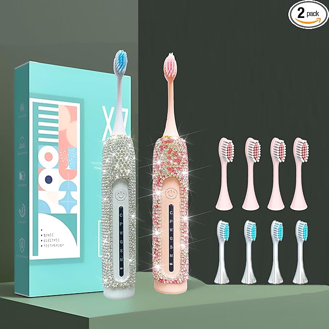 Electric Toothbrush for Woman Bling Diamond Decor Portable Travel Essentials for Couple Gifts Toothbrush with 3 Replacement Heads 6 Modes（Silver & Pink