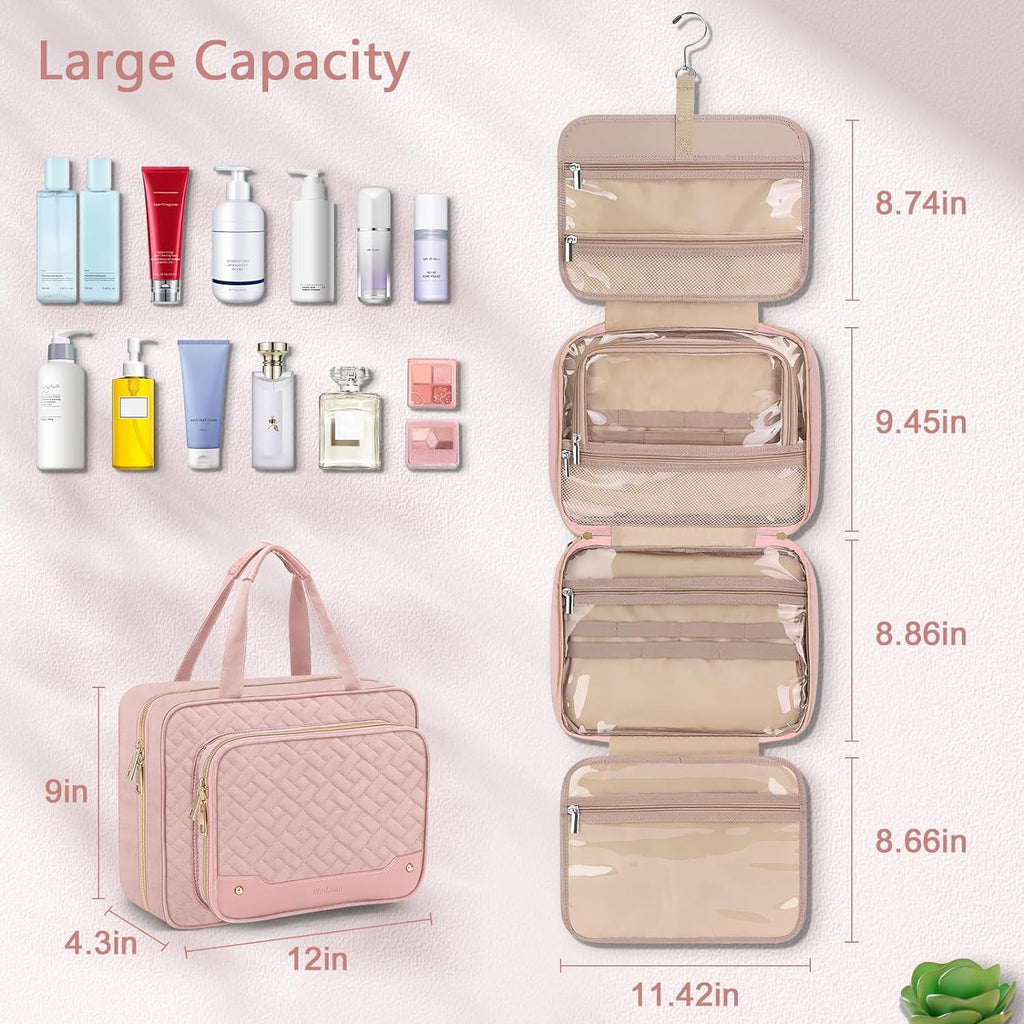 Wedama Toiletry Bag for Women, Hanging Travel Toiletry Bag with Jewelry Organizer Compartment Large Makeup Bag, PVC Waterproof Cosmetic Travel Bag for Travel Business Trips Camping Bathroom, Pink