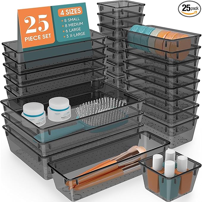 25 PCS Drawer Organizer Set, 4 Varied Size Bathroom and kitchen Drawer cabinet organizer Trays, Clear Storage Bins for Makeup, Jewelry, Utensils and Gadgets，Black
