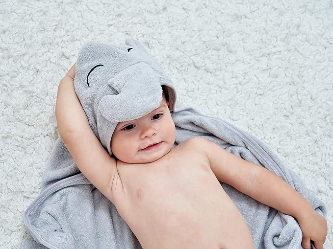 HIPHOP PANDA Hooded Towel - Rayon Made from Bamboo, Bath Towel with Bear Ears for Newborn, Babie, Toddler, Infant - Absorbent Large Baby Towel - Grey Elephant, 37.5 x 37.5 Inch