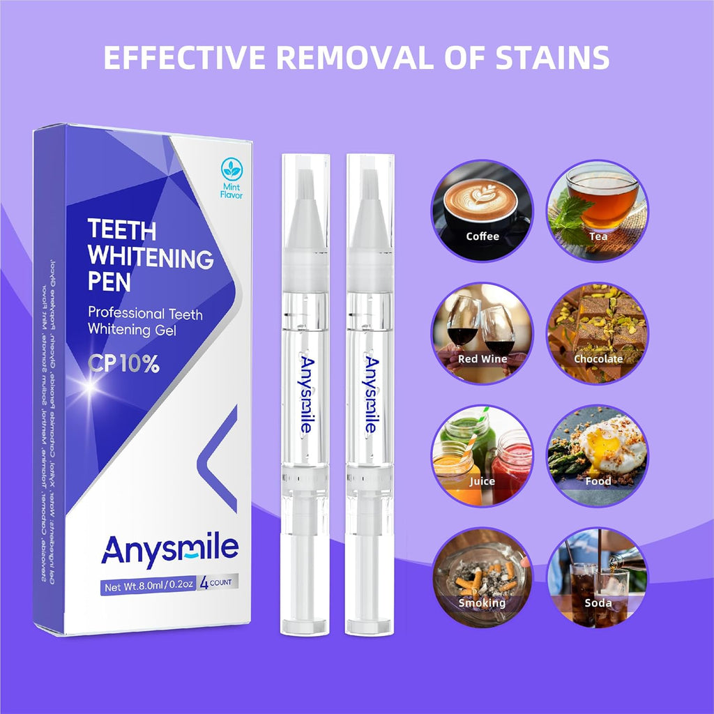 Teeth Whitening Pens Non Sensitive Teeth Whitener Gel with Effective 10% Carbamide Peroxide, 4 Professional Tooth Whitening Gel Pens 2ml/Pen