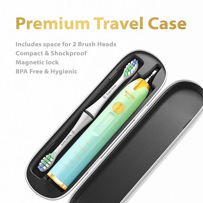 Wagner Stern Ultrasonic whitening Toothbrush with Pressure Sensor. 5 Brushing Modes and 4 Levels of Intensity, 8 Soft bristles, Travel case.