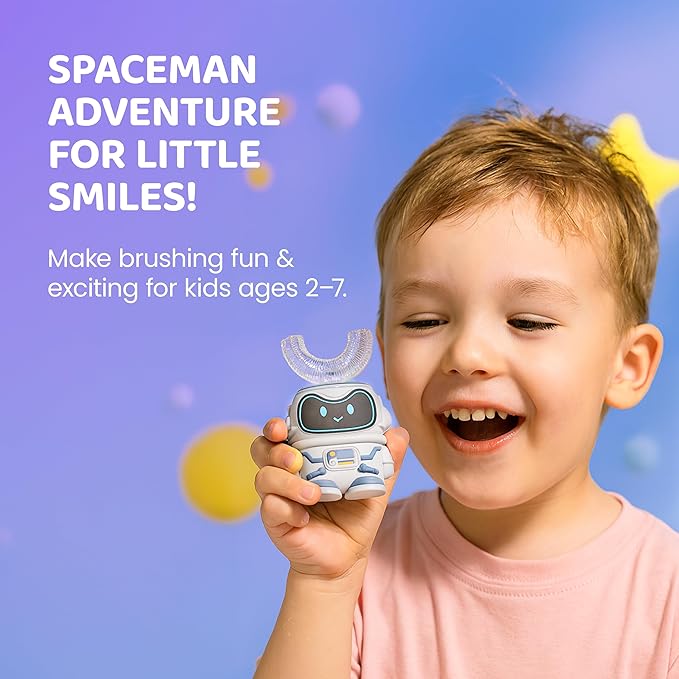 Well Before Ultrasonic Kid's U-Shaped Electric Toothbrush, IPX7 Waterproof, Five Cleaning Modes (Spaceman, Grey Ages 2-7)