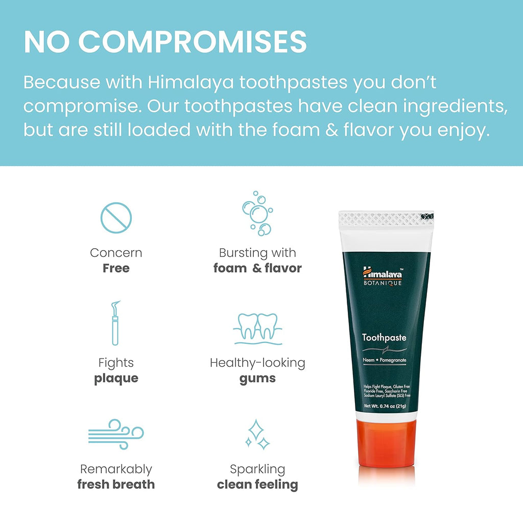 Himalaya Botanique Neem & Pomegranate Travel Toothpaste, Mint Flavor - Travel Size Fluoride Free Toothpaste Fights Plaque & for Fresh Breath - Vegan, Gluten Free, No SLS, 0.74 oz (Pack of 10)