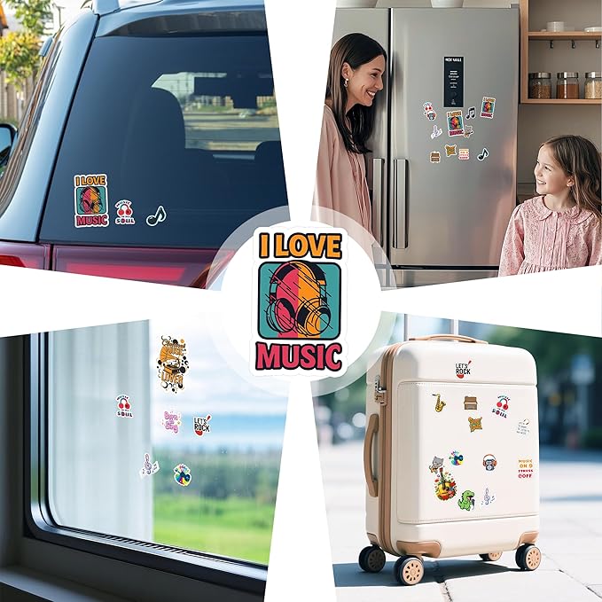 100 PCS Music Stickers Pack, Vinyl Waterproof Decals of Guitars Pianos Drums Microphones Notes Headphones and Bands, Fun Gift for Kids Teens Adults Students Teachers Water Bottle Scrapbook