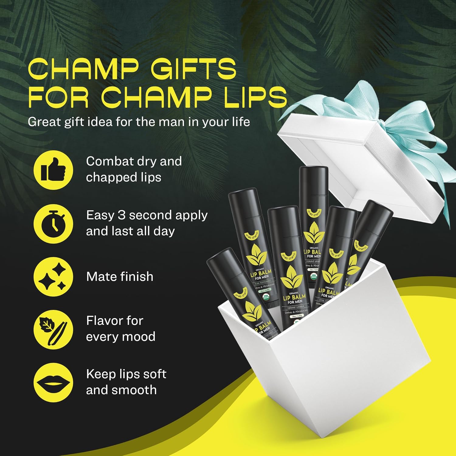 Lip Balm for Men - USDA Organic Certified Chapstick for Men - All Natural Ingredients - Contains Vitamin E and Beeswax - Peppermint, Coconut & Vanilla - MADE IN THE USA (6 pack)