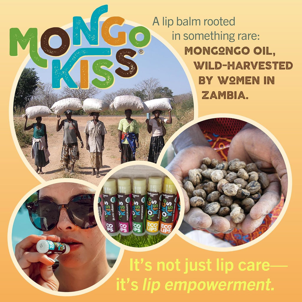 LIP BALM Mongo Kiss 6-Pack (6 tubes) Vanilla Honey by Eco Lips 100% Organic Beeswax & Cocoa Butter Lip Care with Organic Mongongo Oil - Soothe & Moisturize Dry and Cracked Lips - Made in USA
