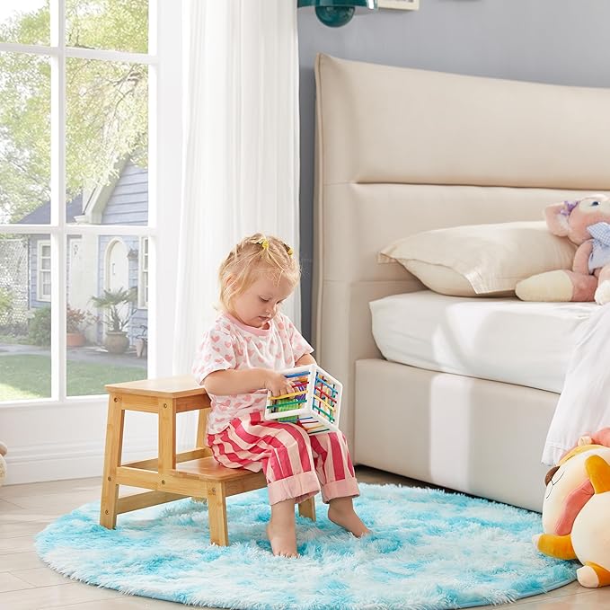 Bamboo Step Stools for Kids, Wooden Stepping Stool for Kitchen/Bathroom/Bedside, Double Step Stool - Holds up to 350Lb (Natural Wood)