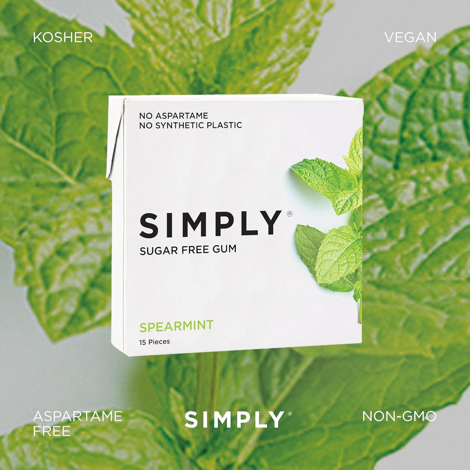 SIMPLY Gum | Dental Gum | Xylitol Chewing Gum - Sugar Free | Spearmint | Pack of Six (90 Pieces Total) | Synthetic Plastic Free + Sugar Free + Aspartame Free