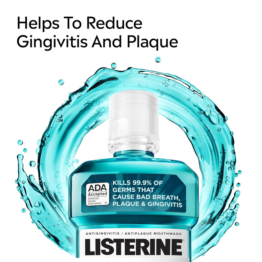 Listerine Cool Mint Antiseptic Mouthwash, Kills 99.9% of Germs That Cause Bad Breath, Plaque & Gingivitis, ADA Accepted, Clinically Proven, Cool Mint Flavor, for Adults, 1L Bottles, 2 Pack