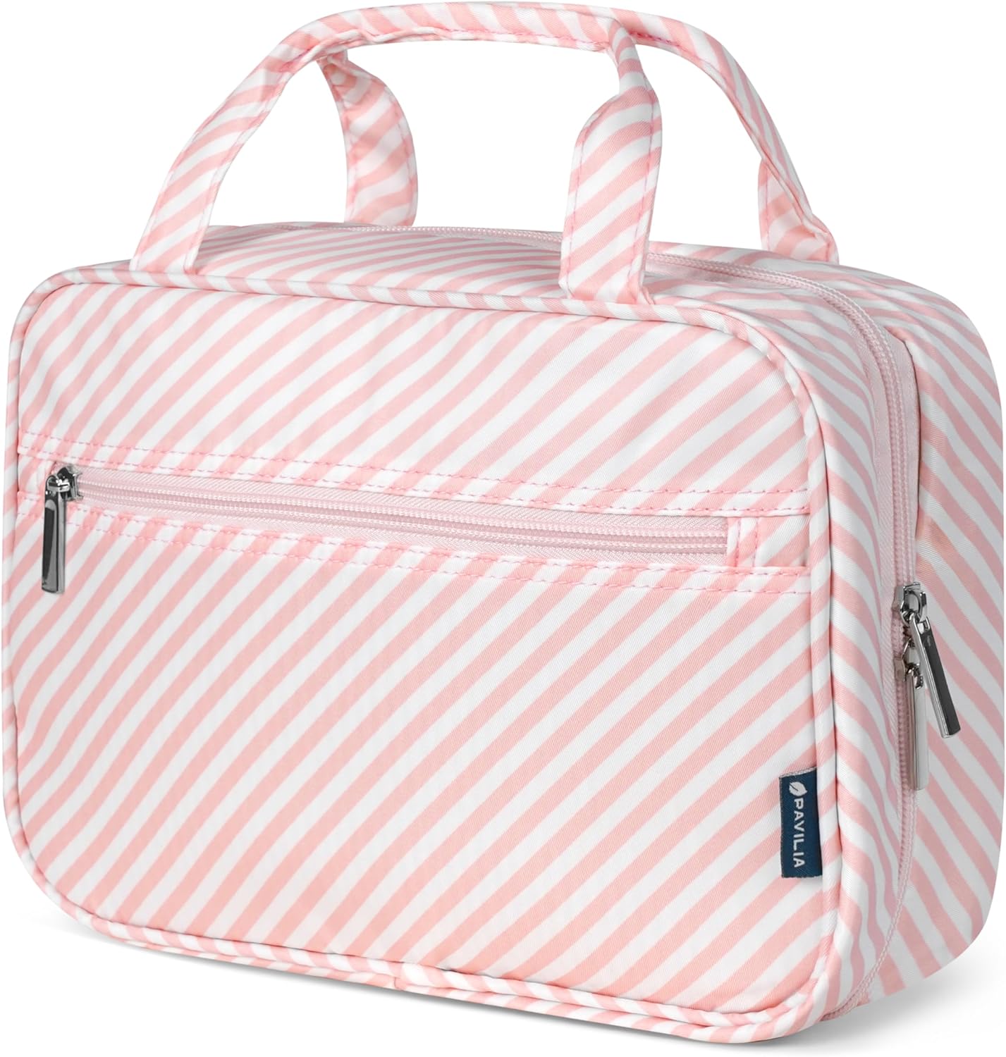 PAVILIA Hanging Toiletry Bag Travel Bag Women Men, Foldable Cosmetic Organizer, Roll up Makeup Bag, Water Resistant Accessories Toiletries, Large Travel Essentials Kit (Pink Stripe)