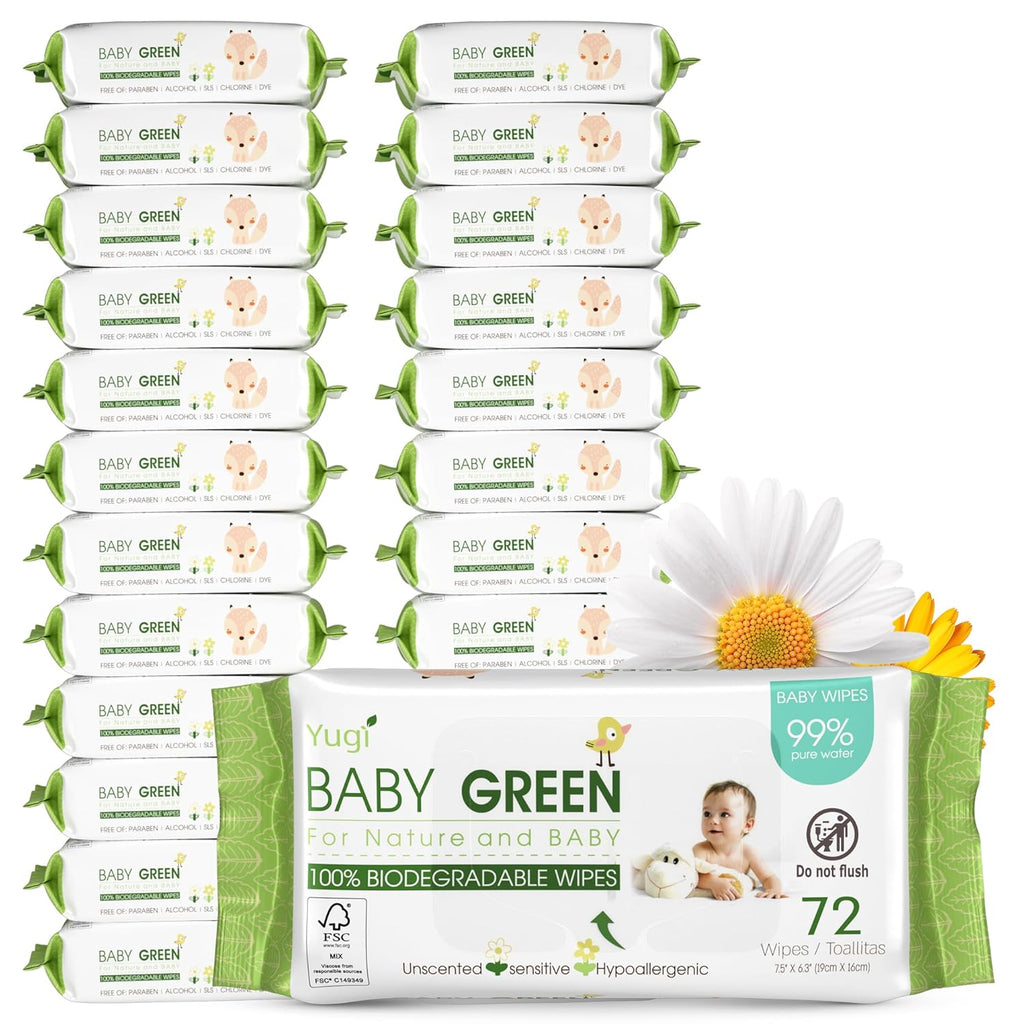 Yugi Green Baby Wipes – Unscented, Compostable, Biodegradable, Plant-Based, Fragrance-Free, for Sensitive Skin & Babies – 24 Packs of 72 (1728Count)