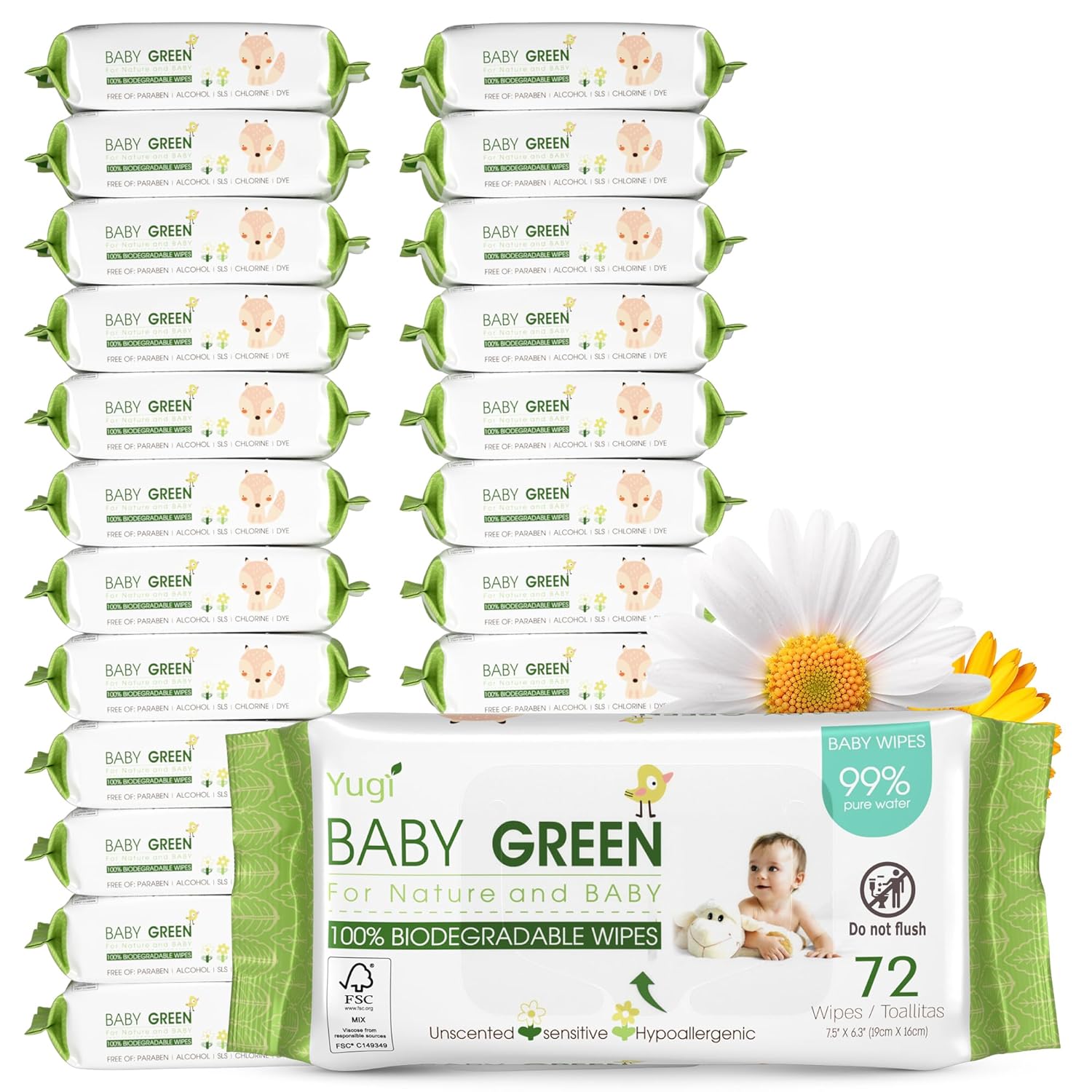 Yugi Green Baby Wipes – Unscented, Compostable, Biodegradable, Plant-Based, Fragrance-Free, for Sensitive Skin & Babies – 24 Packs of 72 (1728Count)