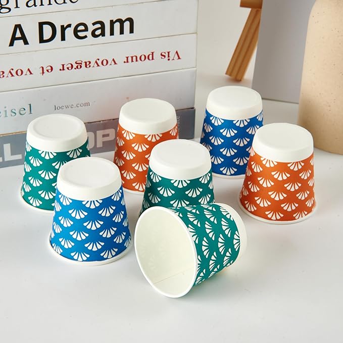 JollyPack 1200 Pack 3 oz Disposable Bathroom Paper Cups, Small Mouthwash Cups in Orange, Blue, and Green, Great for Candy, Biscuits, Bathroom Use, Parties, Picnics, and Travel