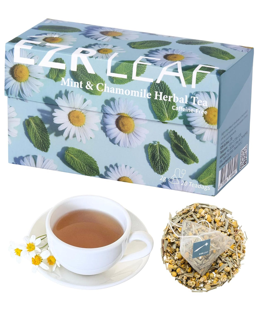 EZR Leaf Mint & Chamomile Herbal Tea 20 Pyramid Tea Bags 1.4 Once with Lemongrass Mint Leaves Caffeine Free Decaf Blend Natural Relaxing,Wellness Gift-Ready