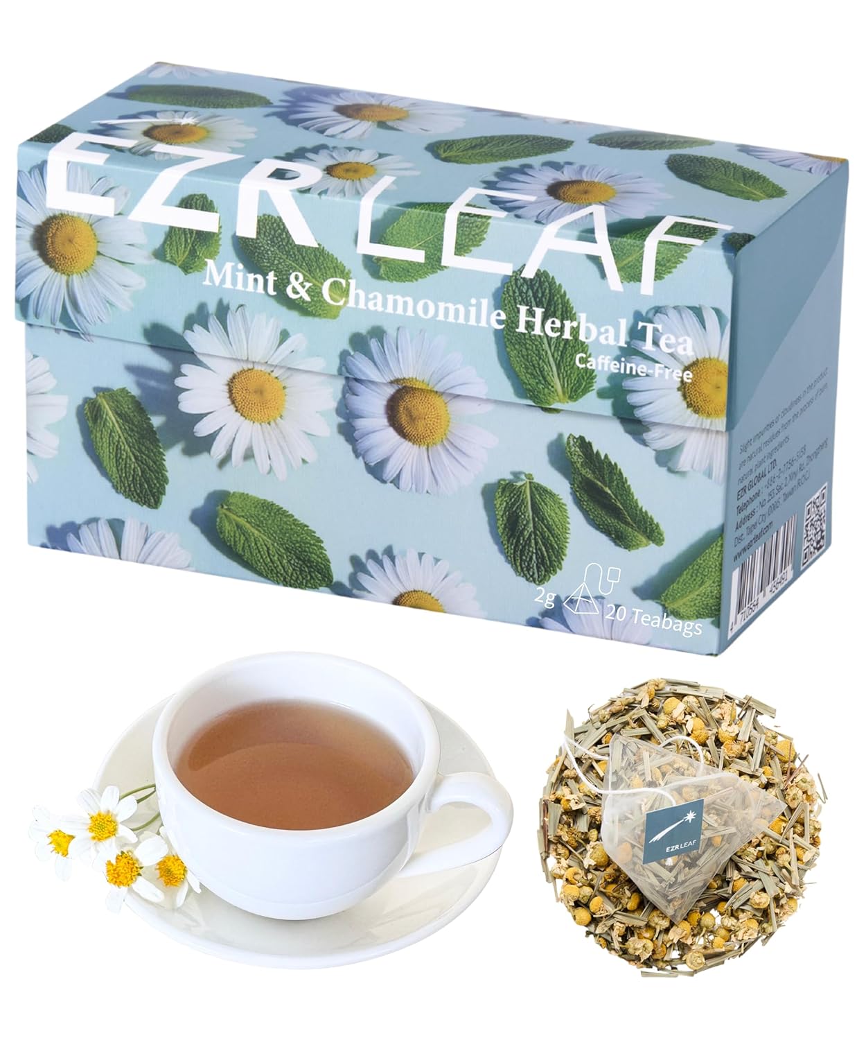 EZR Leaf Mint & Chamomile Herbal Tea 20 Pyramid Tea Bags 1.4 Once with Lemongrass Mint Leaves Caffeine Free Decaf Blend Natural Relaxing,Wellness Gift-Ready
