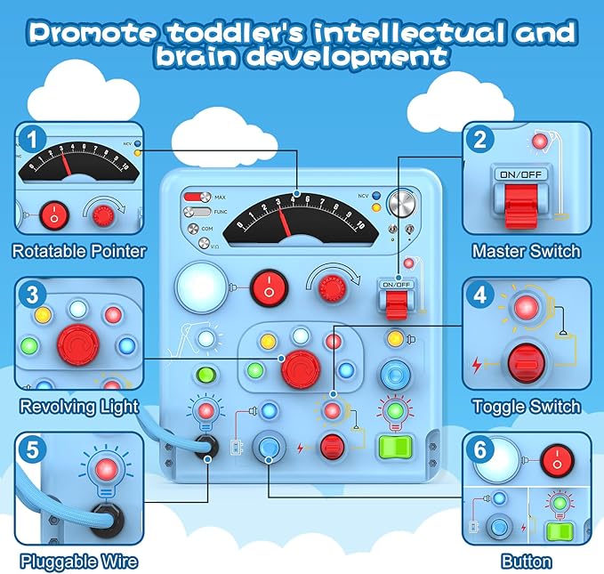 Busy Board Montessori Toys for Toddler 1 2 3 4 Year Old with 13 LED Lights, Sensory Toys Educational Learning for Toddlers 1-3, Activity Travel Toy Gifts for 1+ Year Old Boys and Girls