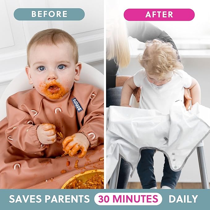 BIBaDO - Long Sleeve Baby Bibs - Babies & Toddlers 6-36 Months - Coverall Baby Led Weaning Bib - Easy Wipe, Soft & Waterproof