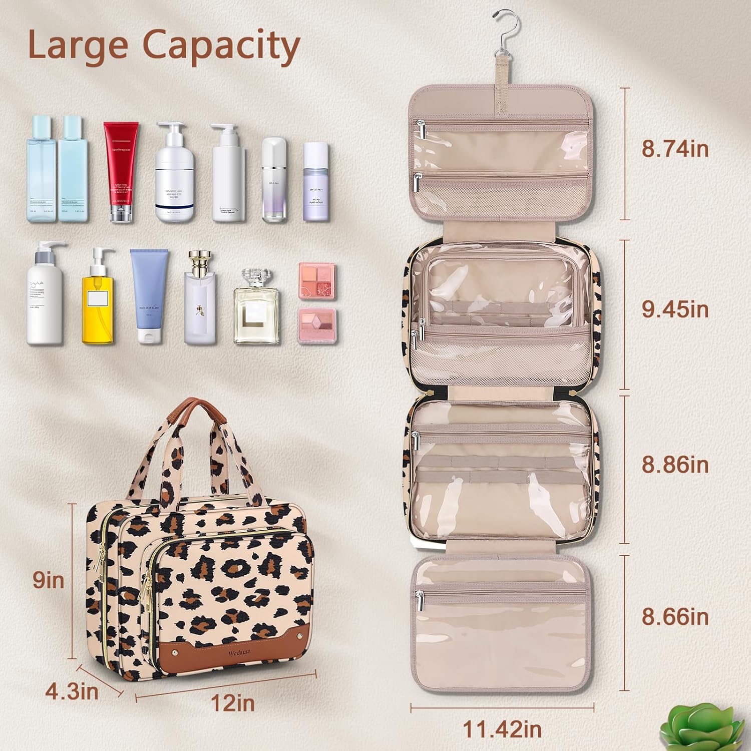 Wedama Toiletry Bag for Women, Hanging Travel Toiletry Bag with Jewelry Organizer Compartment Large Makeup Bag, PVC Waterproof Cosmetic Travel Bag Trips Camping Bathroom, Leopard Print