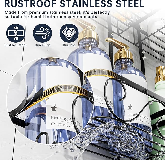 Kadolina Shower Caddy Hanging for Handheld Showerheads, Rustproof Stainless Steel Shower Organizer, Bathroom Organizer Rack with Soap Dish and Hooks for Razor/Sponge, Black