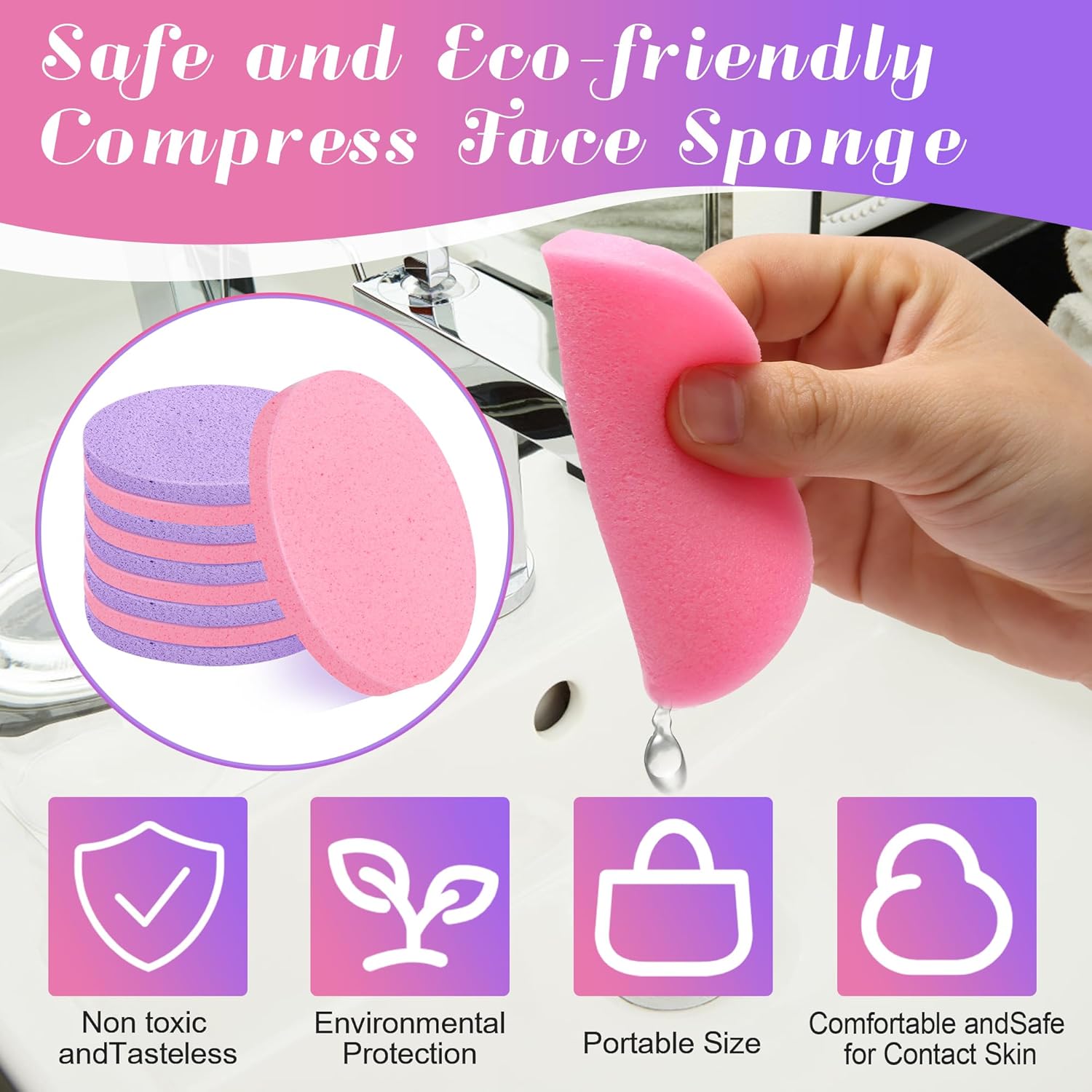 120 Pcs Facial Sponge Compressed, Luxiv Face Cleansing Sponge Estheticians Compressed Makeup Facial Sponge Round Wash Face Sponges for Women Compress Exfoliating Removal Sponge (Purple+pink)