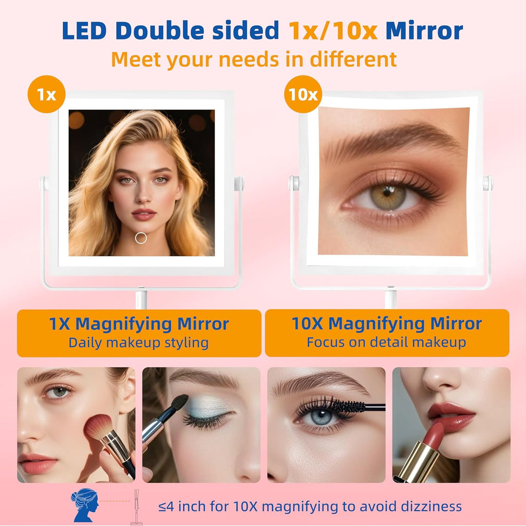 Ruacq Rechargeable Makeup Mirror, 4000mAh Lighted Makeup Mirror with Magnification 1X/10X, Height Adjustable Vanity Mirror with Lights, 3 Color Lights, Adjustable Brightness, 360°Rotation (White)